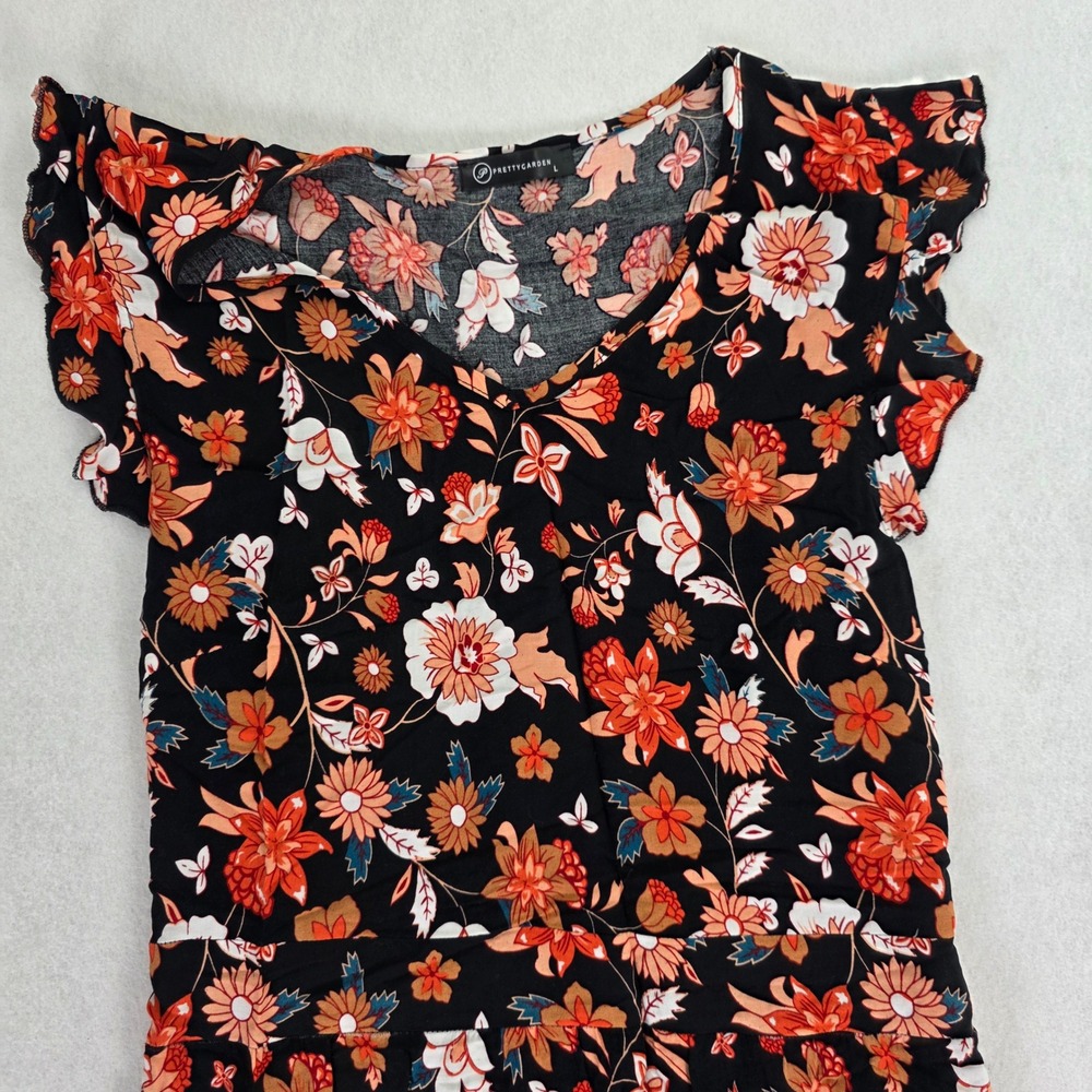 Prettygarden Women Large‎ Maxi Dress Black Orange Floral Boho High Low Excellent - Picture 3 of 11